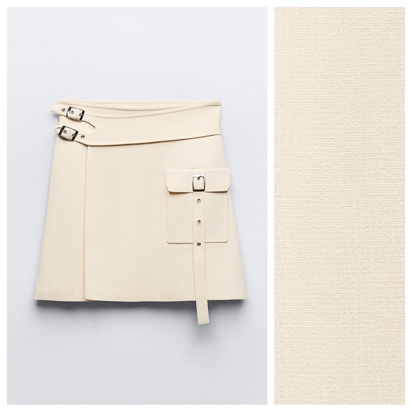 NWT. Zara Cream Viscose Blend Knit High-Waisted Skirt with Buckles. Size XS. - Picture 4 of 10
